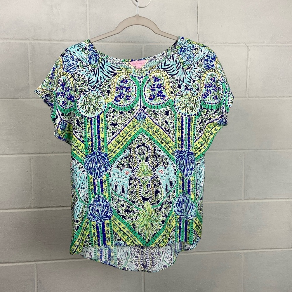 Lilly Pulitzer Cap Sleeve Tunic Blouse XSMALL Alligator Tropical Colorful Rayon